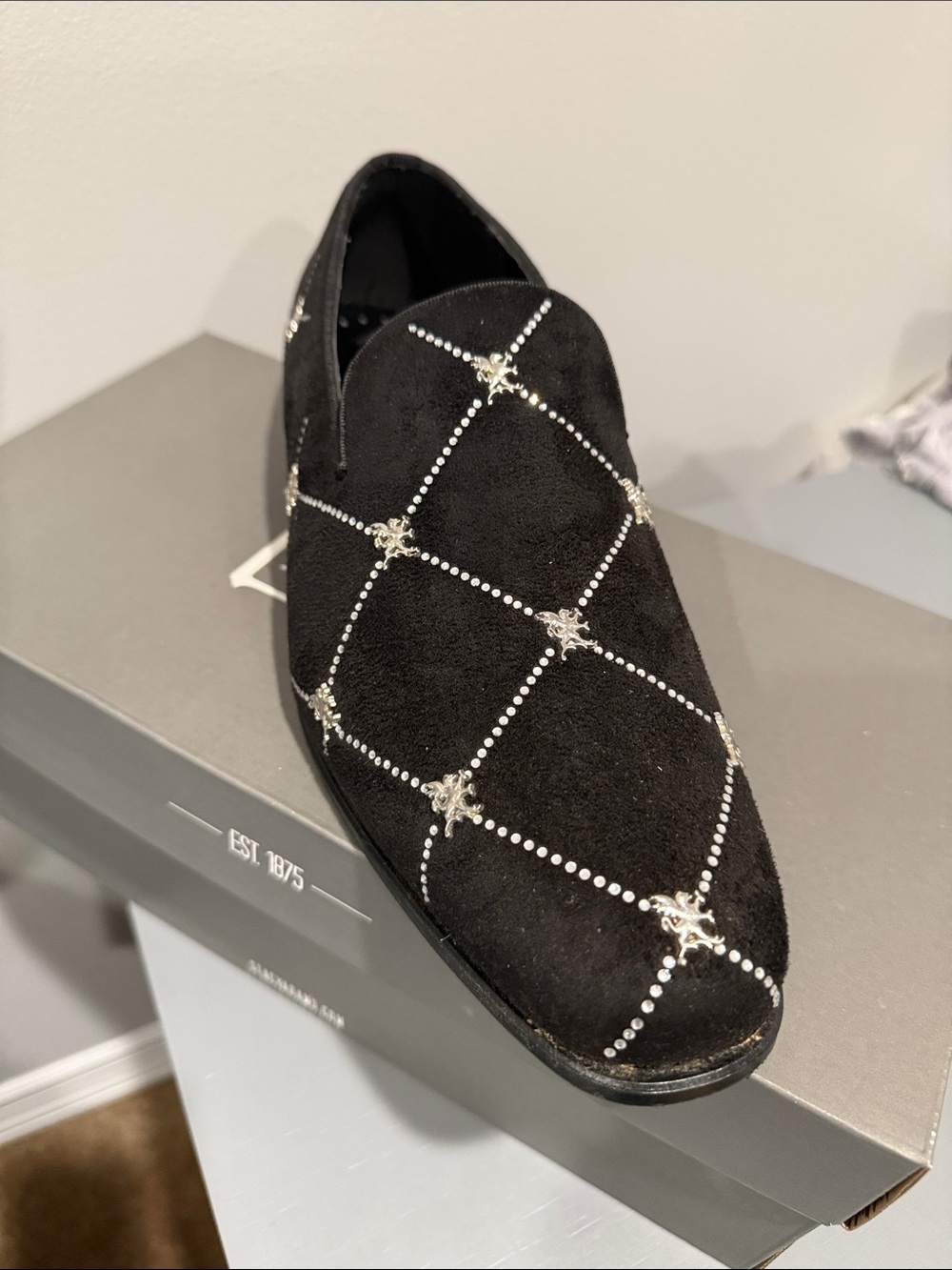 Stacy Adams Black Suede Slip-On Loafer with Silver Stud Lattice